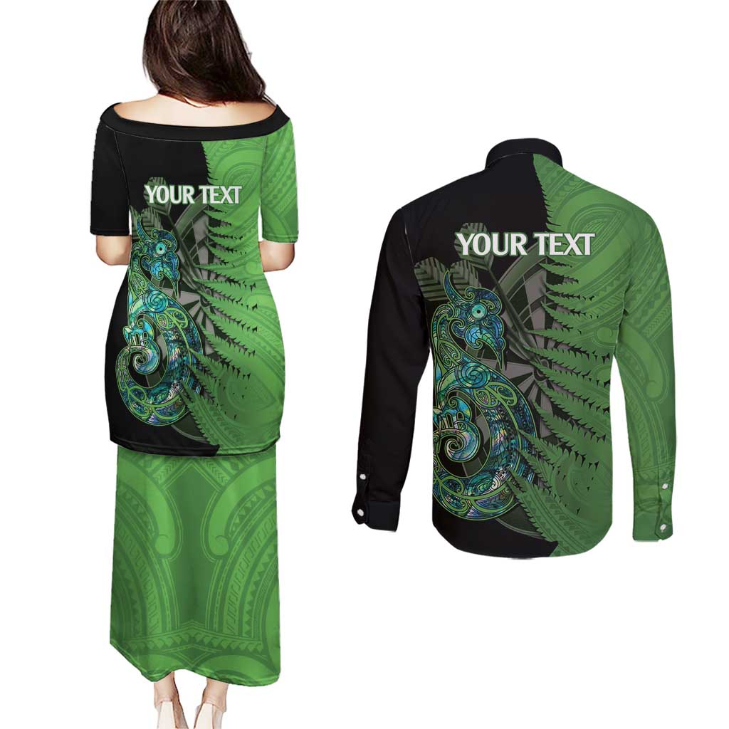 Personalised New Zealand Darts Couples Matching Puletasi and Long Sleeve Button Shirt Aotearoa Maori Fern Mix Manaia Tattoo LT14 - Polynesian Pride