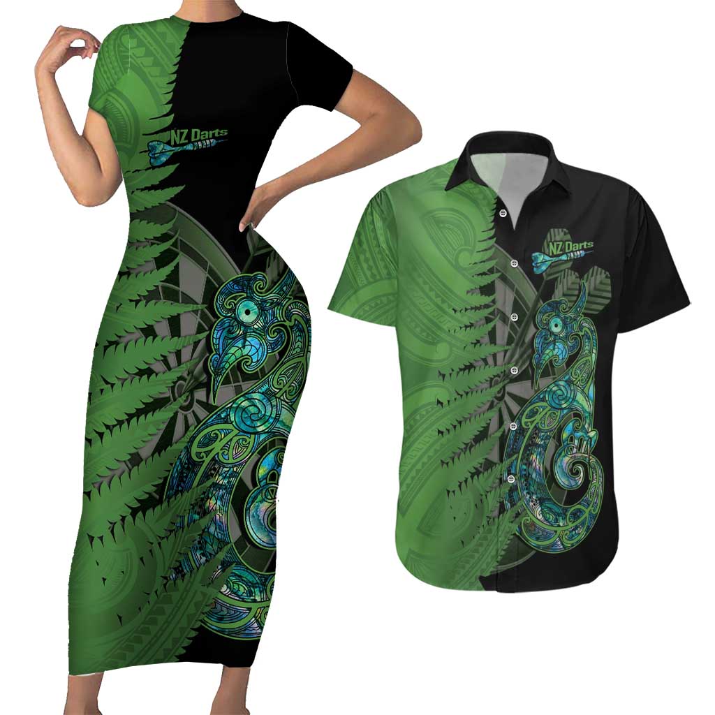 Personalised New Zealand Darts Couples Matching Short Sleeve Bodycon Dress and Hawaiian Shirt Aotearoa Maori Fern Mix Manaia Tattoo