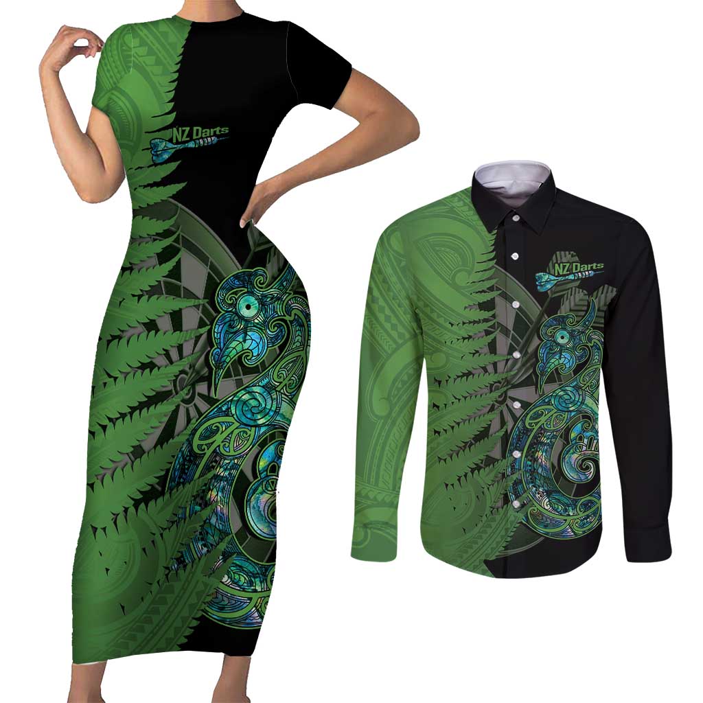 Personalised New Zealand Darts Couples Matching Short Sleeve Bodycon Dress and Long Sleeve Button Shirt Aotearoa Maori Fern Mix Manaia Tattoo LT14 Green - Polynesian Pride