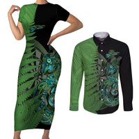 Personalised New Zealand Darts Couples Matching Short Sleeve Bodycon Dress and Long Sleeve Button Shirt Aotearoa Maori Fern Mix Manaia Tattoo LT14 Green - Polynesian Pride