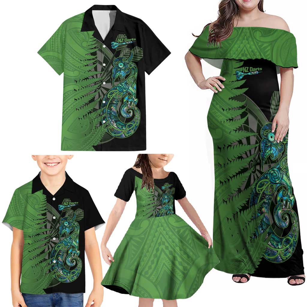 Personalised New Zealand Darts Family Matching Off Shoulder Maxi Dress and Hawaiian Shirt Aotearoa Maori Fern Mix Manaia Tattoo LT14 - Polynesian Pride