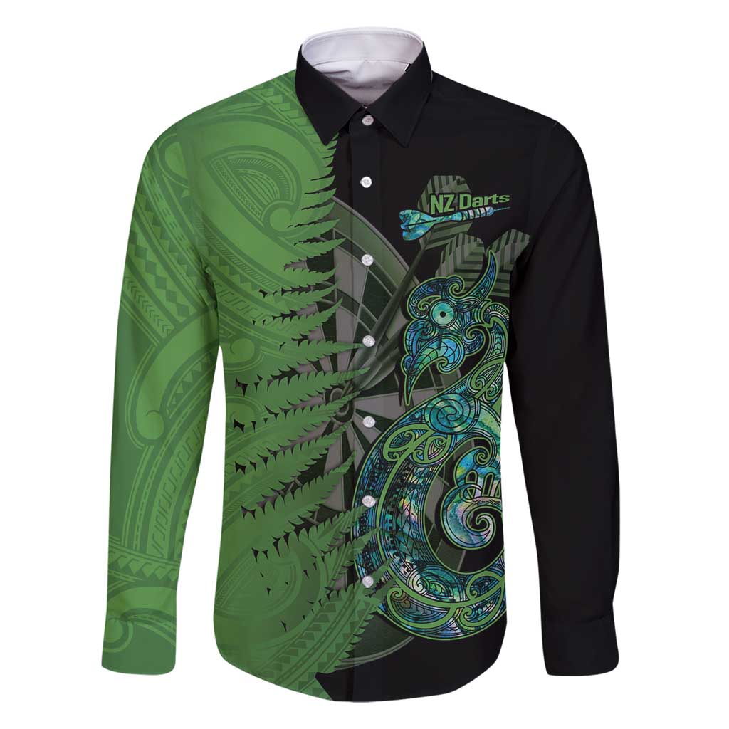 Personalised New Zealand Darts Family Matching Off Shoulder Maxi Dress and Hawaiian Shirt Aotearoa Maori Fern Mix Manaia Tattoo LT14 Dad's Shirt - Long Sleeve Green - Polynesian Pride