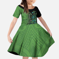 Personalised New Zealand Darts Family Matching Puletasi and Hawaiian Shirt Aotearoa Maori Fern Mix Manaia Tattoo LT14 Daughter's Dress Green - Polynesian Pride