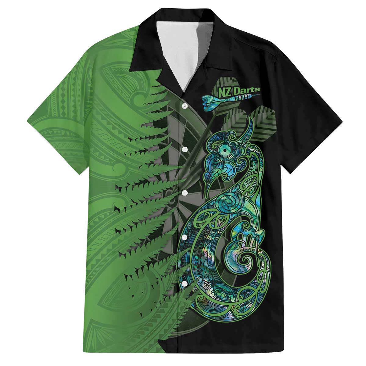 Personalised New Zealand Darts Family Matching Puletasi and Hawaiian Shirt Aotearoa Maori Fern Mix Manaia Tattoo LT14 Dad's Shirt - Short Sleeve Green - Polynesian Pride