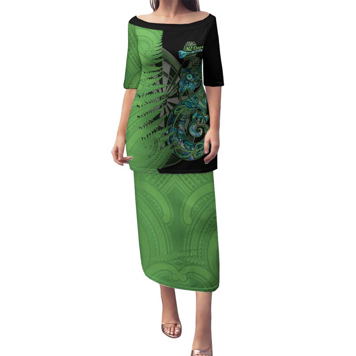 Personalised New Zealand Darts Family Matching Puletasi and Hawaiian Shirt Aotearoa Maori Fern Mix Manaia Tattoo LT14 Mom's Dress Green - Polynesian Pride