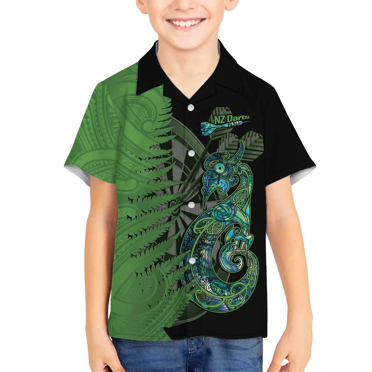 Personalised New Zealand Darts Family Matching Puletasi and Hawaiian Shirt Aotearoa Maori Fern Mix Manaia Tattoo LT14 Son's Shirt Green - Polynesian Pride