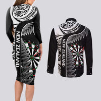 Personalised New Zealand Darts Couples Matching Long Sleeve Bodycon Dress and Long Sleeve Button Shirt Aotearoa Fern Mix Paua Shell Manaia - Black LT14 - Polynesian Pride