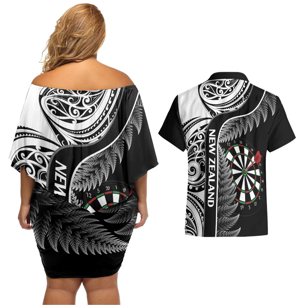 Personalised New Zealand Darts Couples Matching Off Shoulder Short Dress and Hawaiian Shirt Aotearoa Fern Mix Paua Shell Manaia - Black LT14 - Polynesian Pride