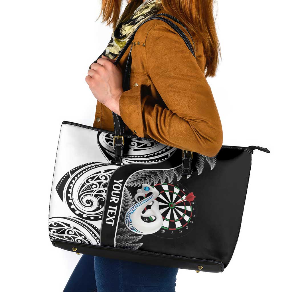 Personalised New Zealand Darts Leather Tote Bag Aotearoa Fern Mix Paua Shell Manaia - Black