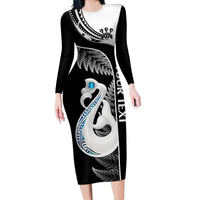Personalised New Zealand Darts Long Sleeve Bodycon Dress Aotearoa Fern Mix Paua Shell Manaia - Black LT14 Long Dress Black - Polynesian Pride