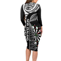 Personalised New Zealand Darts Long Sleeve Bodycon Dress Aotearoa Fern Mix Paua Shell Manaia - Black LT14 - Polynesian Pride