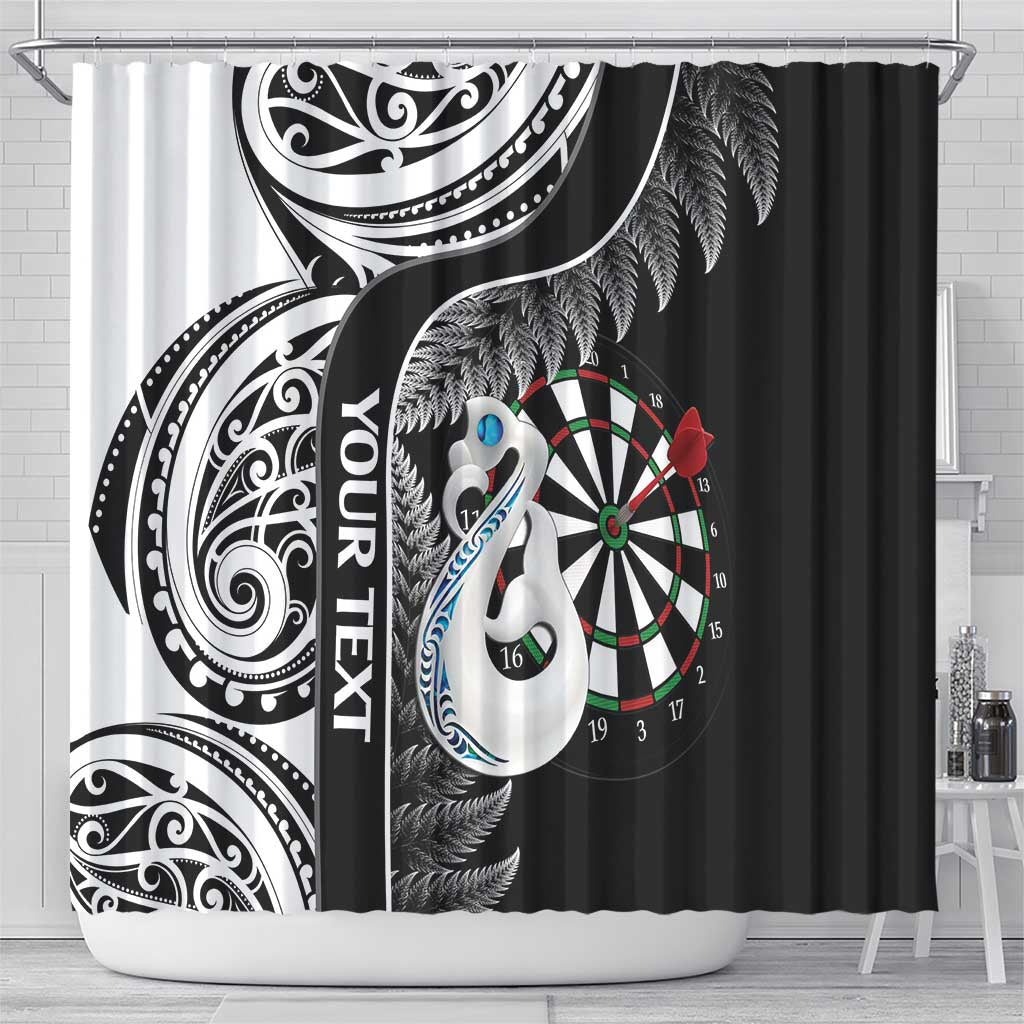 Personalised New Zealand Darts Shower Curtain Aotearoa Fern Mix Paua Shell Manaia - Black