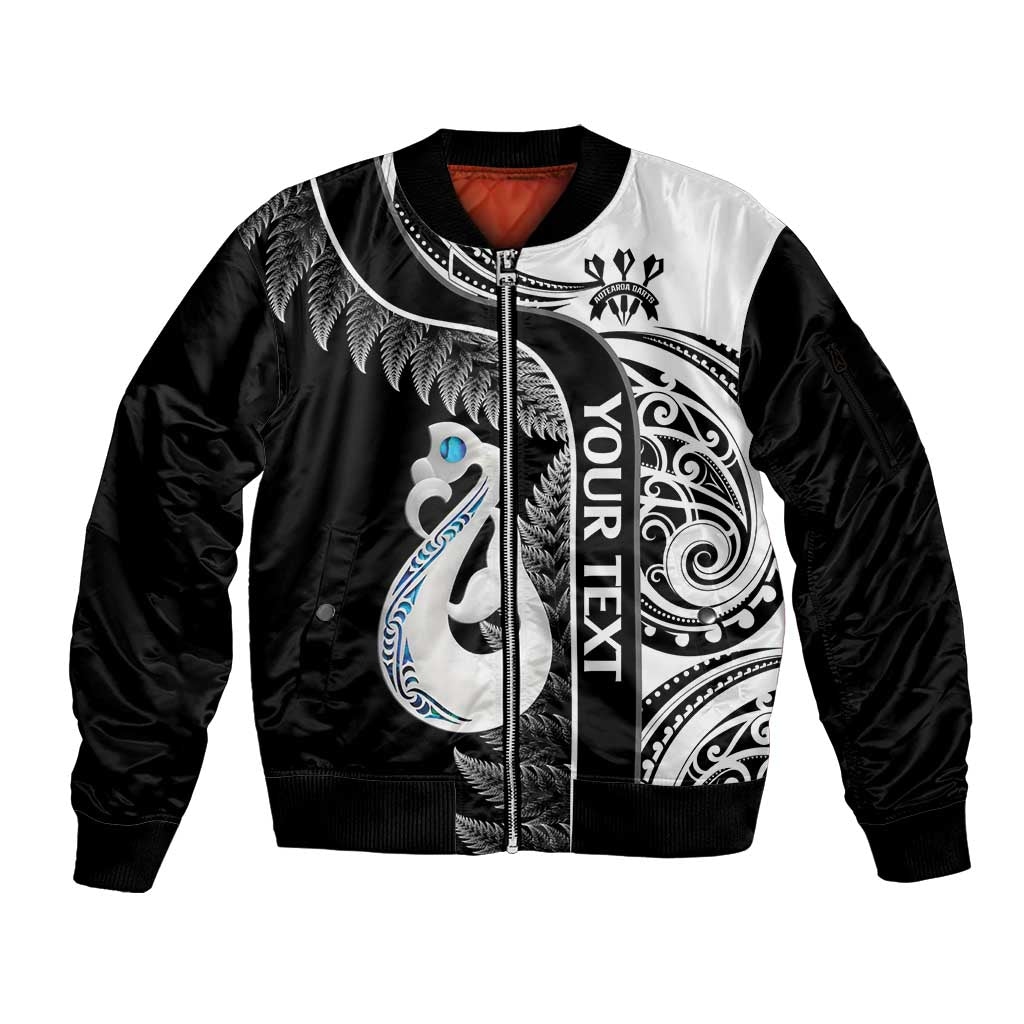 Personalised New Zealand Darts Sleeve Zip Bomber Jacket Aotearoa Fern Mix Paua Shell Manaia - Black