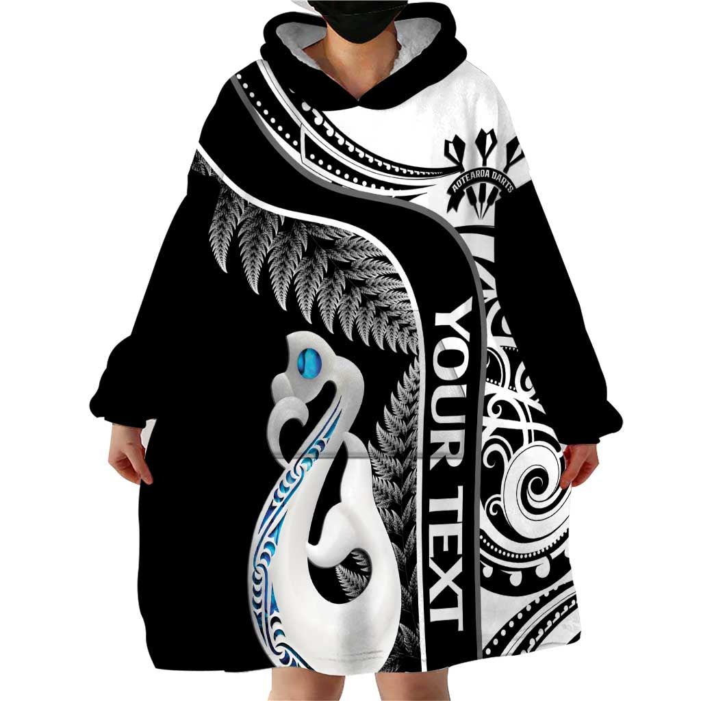 Personalised New Zealand Darts Wearable Blanket Hoodie Aotearoa Fern Mix Paua Shell Manaia - Black