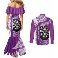 Personalised New Zealand Darts Couples Matching Mermaid Dress and Long Sleeve Button Shirt Aotearoa Fern Mix Paua Shell Manaia - Purple
