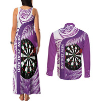 Personalised New Zealand Darts Couples Matching Tank Maxi Dress and Long Sleeve Button Shirt Aotearoa Fern Mix Paua Shell Manaia - Purple