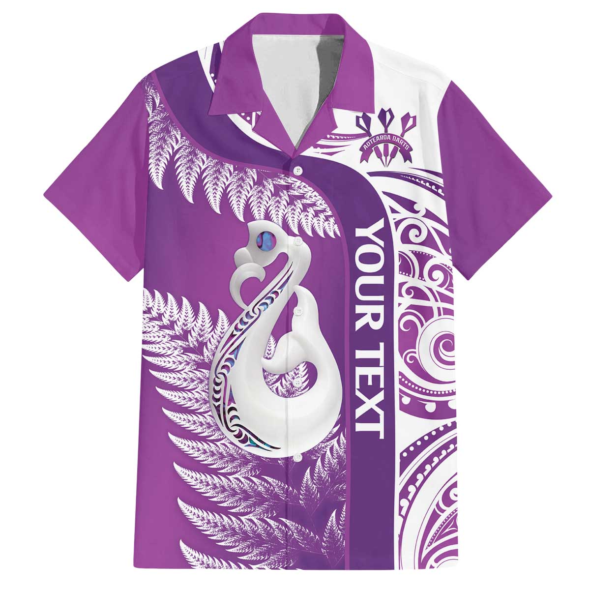 Personalised New Zealand Darts Family Matching Off Shoulder Short Dress and Hawaiian Shirt Aotearoa Fern Mix Paua Shell Manaia - Purple