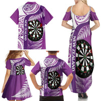 Personalised New Zealand Darts Family Matching Summer Maxi Dress and Hawaiian Shirt Aotearoa Fern Mix Paua Shell Manaia - Purple
