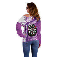 Personalised New Zealand Darts Off Shoulder Sweater Aotearoa Fern Mix Paua Shell Manaia - Purple