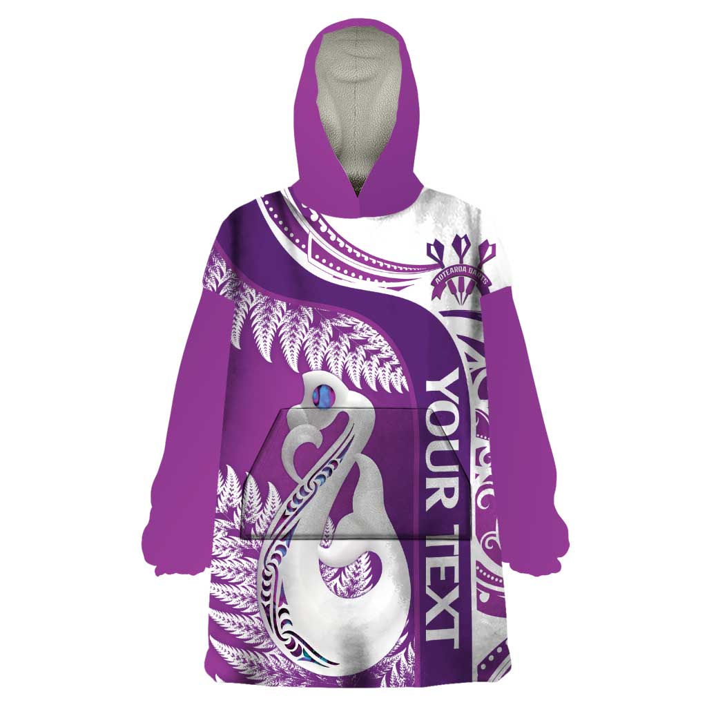 Personalised New Zealand Darts Wearable Blanket Hoodie Aotearoa Fern Mix Paua Shell Manaia - Purple