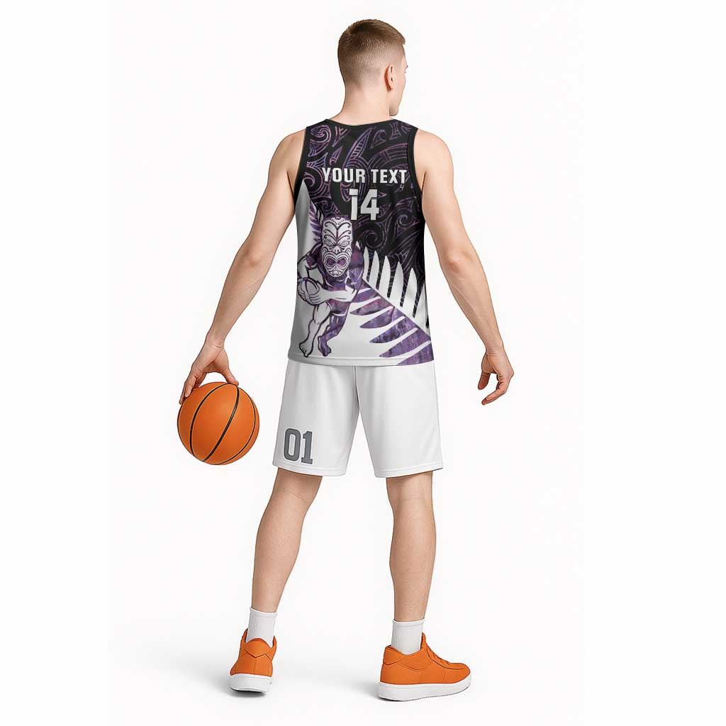 New Zealand Silver Fern Rugby Custom Basketball Jersey Go All Black Purple Maori Paua Shell - Polynesian Pride