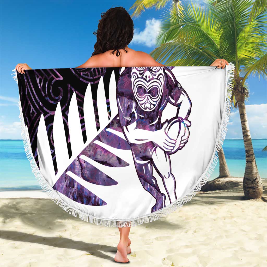 New Zealand Silver Fern Rugby Custom Beach Blanket Go All Black Purple Maori Paua Shell - Polynesian Pride