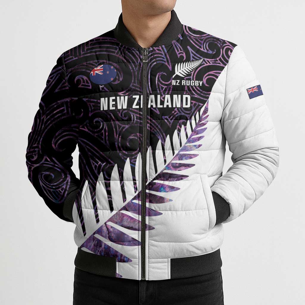 New Zealand Silver Fern Rugby Custom Bomber Puffer Jacket Go All Black Purple Maori Paua Shell - Polynesian Pride
