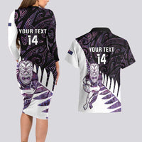 New Zealand Silver Fern Rugby Custom Couples Matching Long Sleeve Bodycon Dress and Hawaiian Shirt Go All Black Purple Maori Paua Shell - Polynesian Pride