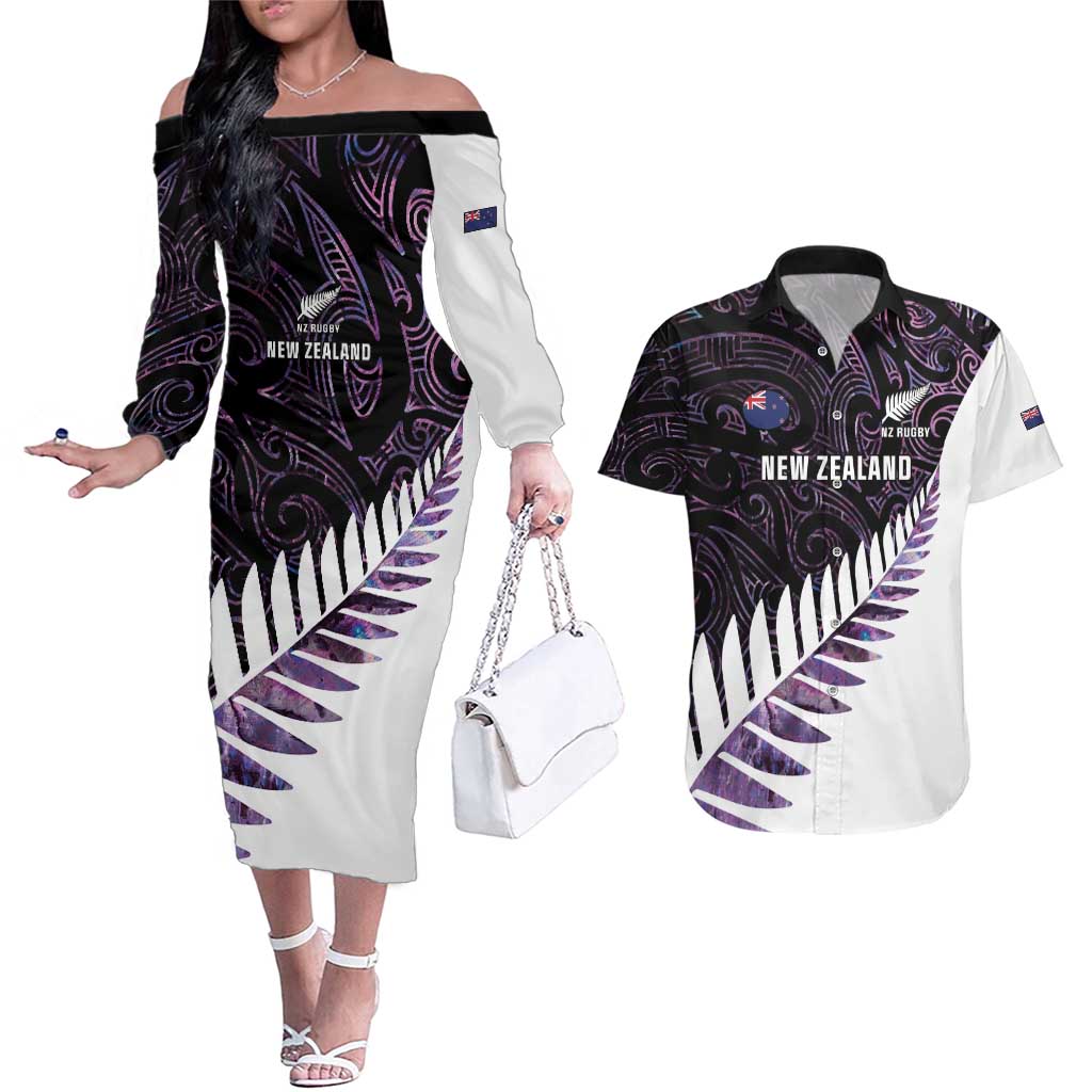 New Zealand Silver Fern Rugby Custom Couples Matching Off The Shoulder Long Sleeve Dress and Hawaiian Shirt Go All Black Purple Maori Paua Shell - Polynesian Pride