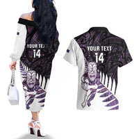 New Zealand Silver Fern Rugby Custom Couples Matching Off The Shoulder Long Sleeve Dress and Hawaiian Shirt Go All Black Purple Maori Paua Shell - Polynesian Pride