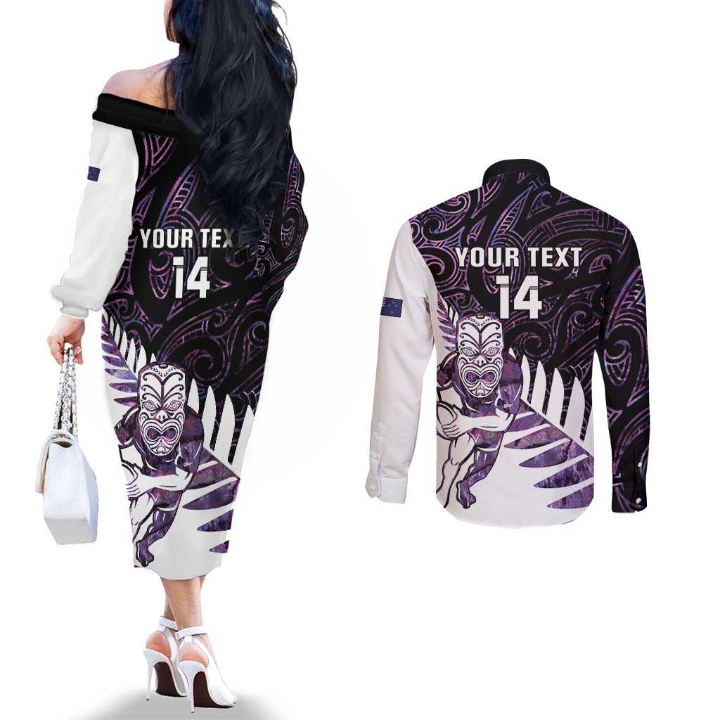 New Zealand Silver Fern Rugby Custom Couples Matching Off The Shoulder Long Sleeve Dress and Long Sleeve Button Shirt Go All Black Purple Maori Paua Shell - Polynesian Pride