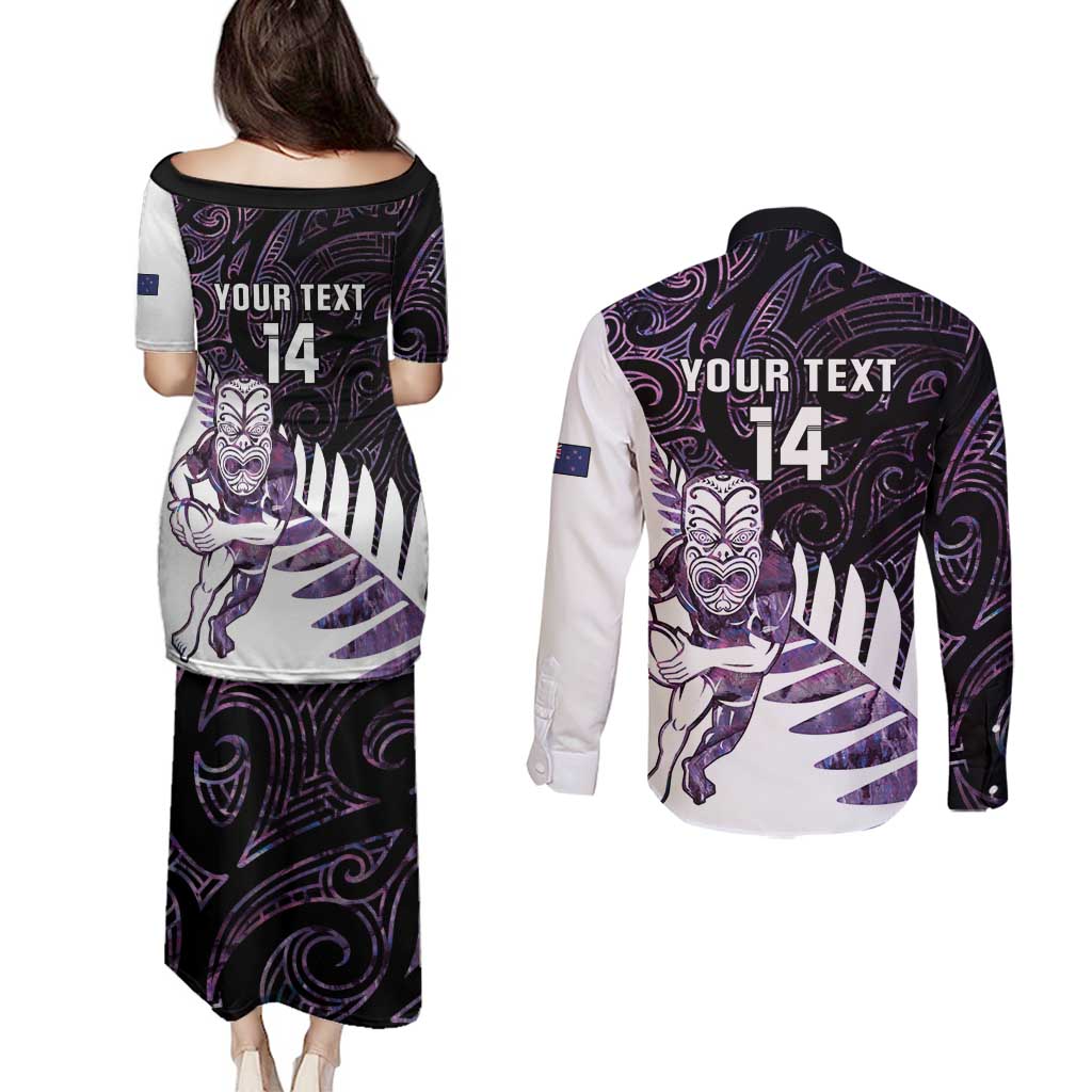 New Zealand Silver Fern Rugby Custom Couples Matching Puletasi and Long Sleeve Button Shirt Go All Black Purple Maori Paua Shell - Polynesian Pride
