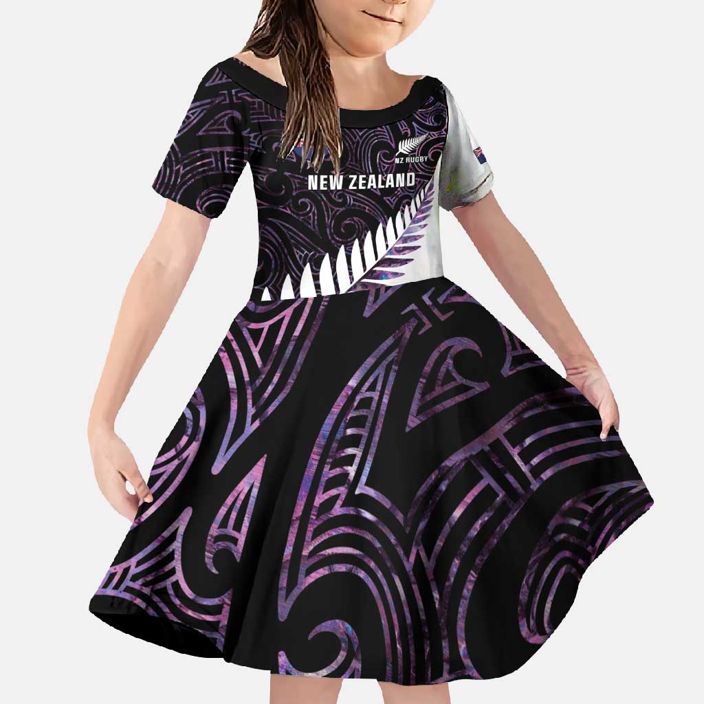 New Zealand Silver Fern Rugby Custom Family Matching Long Sleeve Bodycon Dress and Hawaiian Shirt Go All Black Purple Maori Paua Shell - Polynesian Pride