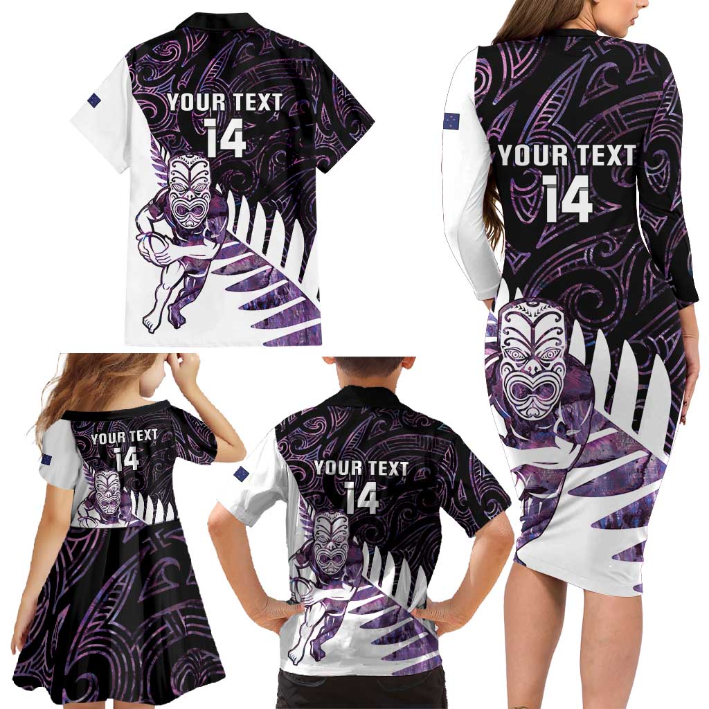 New Zealand Silver Fern Rugby Custom Family Matching Long Sleeve Bodycon Dress and Hawaiian Shirt Go All Black Purple Maori Paua Shell - Polynesian Pride
