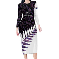 New Zealand Silver Fern Rugby Custom Family Matching Long Sleeve Bodycon Dress and Hawaiian Shirt Go All Black Purple Maori Paua Shell - Polynesian Pride
