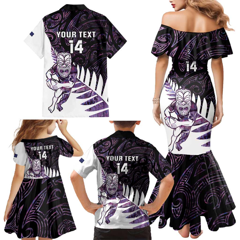 New Zealand Silver Fern Rugby Custom Family Matching Mermaid Dress and Hawaiian Shirt Go All Black Purple Maori Paua Shell - Polynesian Pride