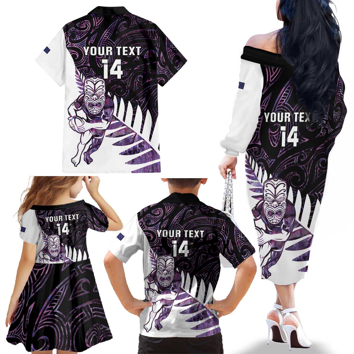 New Zealand Silver Fern Rugby Custom Family Matching Off The Shoulder Long Sleeve Dress and Hawaiian Shirt Go All Black Purple Maori Paua Shell - Polynesian Pride