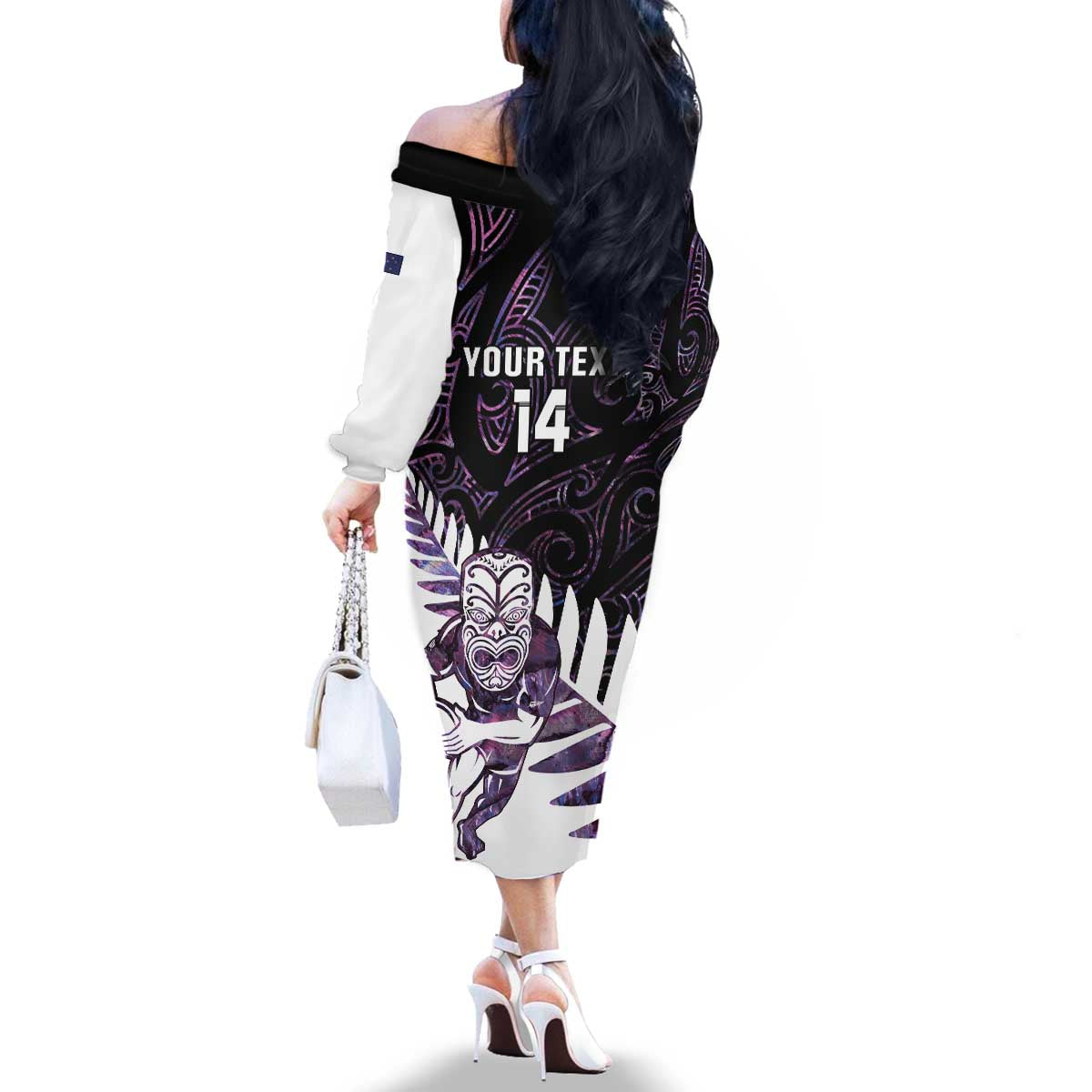 New Zealand Silver Fern Rugby Custom Family Matching Off The Shoulder Long Sleeve Dress and Hawaiian Shirt Go All Black Purple Maori Paua Shell - Polynesian Pride