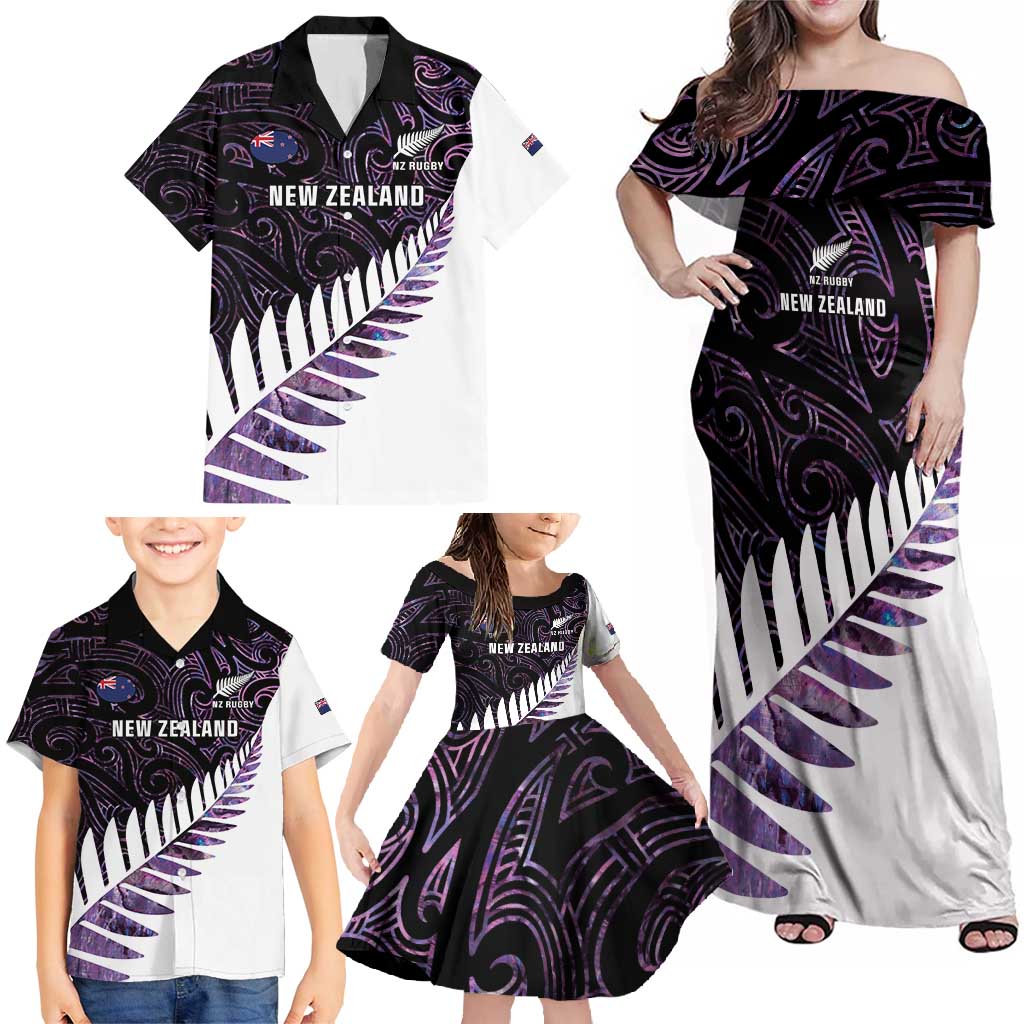 New Zealand Silver Fern Rugby Custom Family Matching Off Shoulder Maxi Dress and Hawaiian Shirt Go All Black Purple Maori Paua Shell - Polynesian Pride