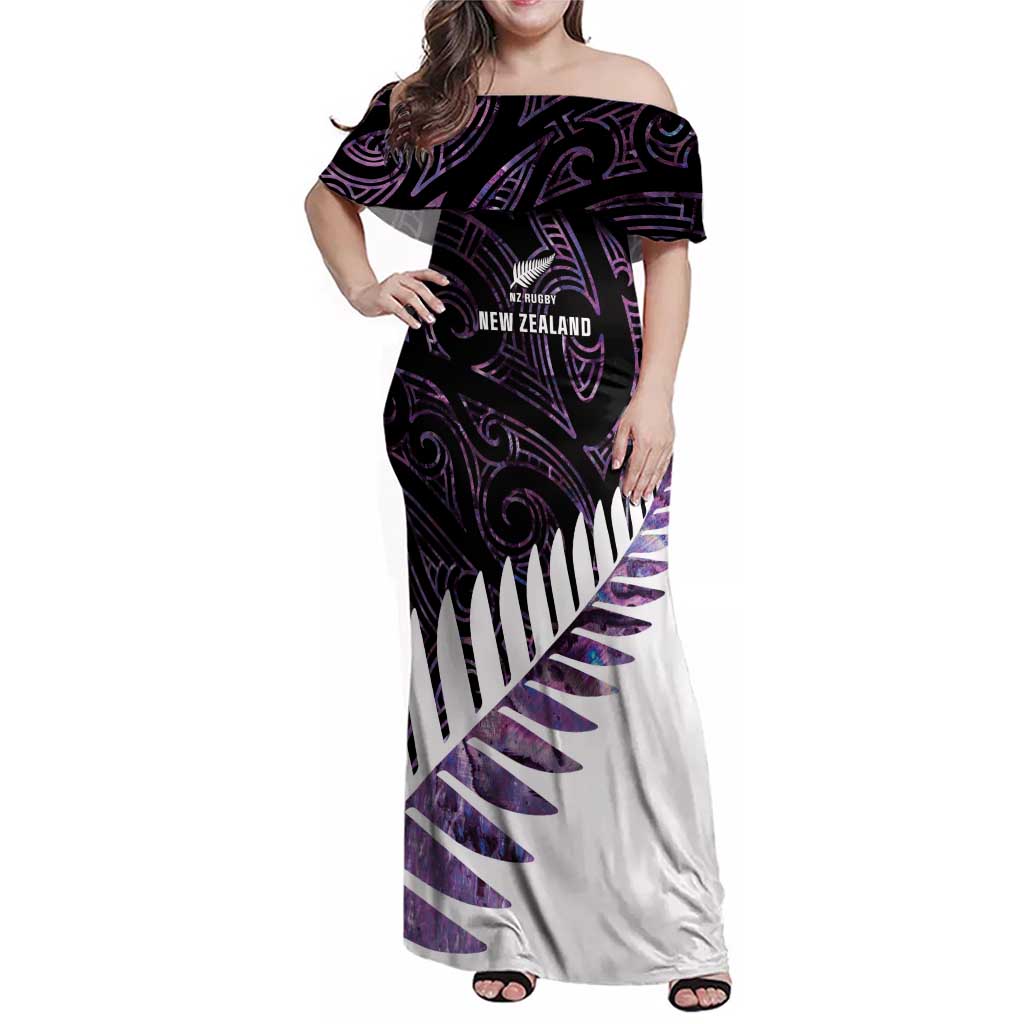 New Zealand Silver Fern Rugby Custom Family Matching Off Shoulder Maxi Dress and Hawaiian Shirt Go All Black Purple Maori Paua Shell - Polynesian Pride