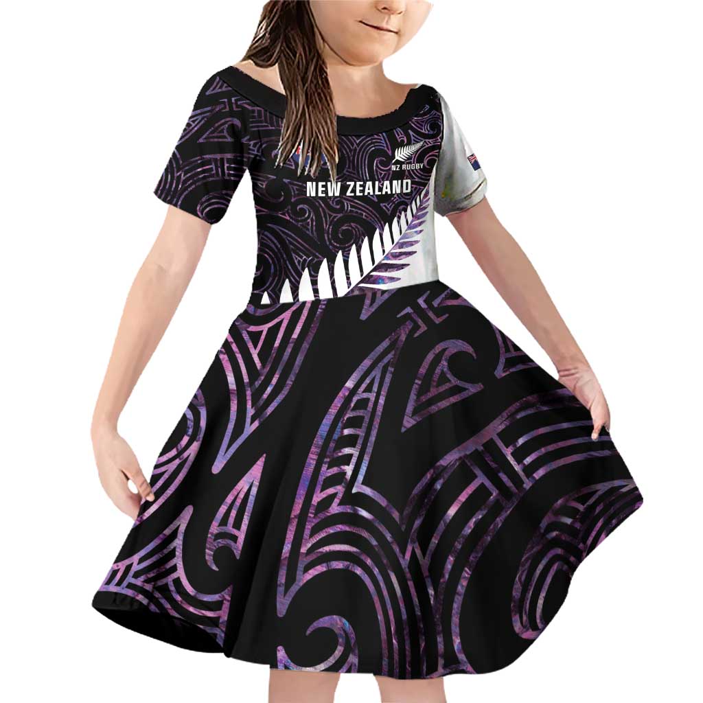 New Zealand Silver Fern Rugby Custom Family Matching Off Shoulder Short Dress and Hawaiian Shirt Go All Black Purple Maori Paua Shell - Polynesian Pride