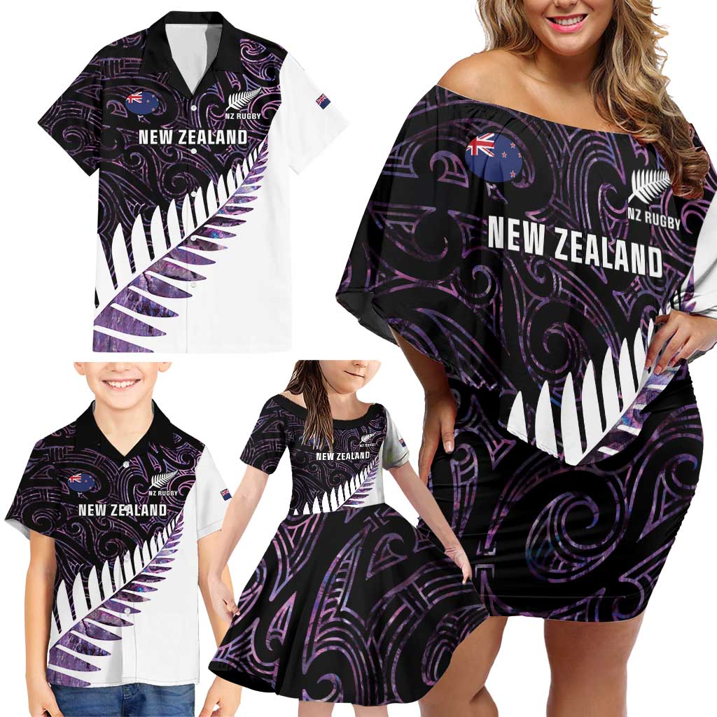 New Zealand Silver Fern Rugby Custom Family Matching Off Shoulder Short Dress and Hawaiian Shirt Go All Black Purple Maori Paua Shell - Polynesian Pride