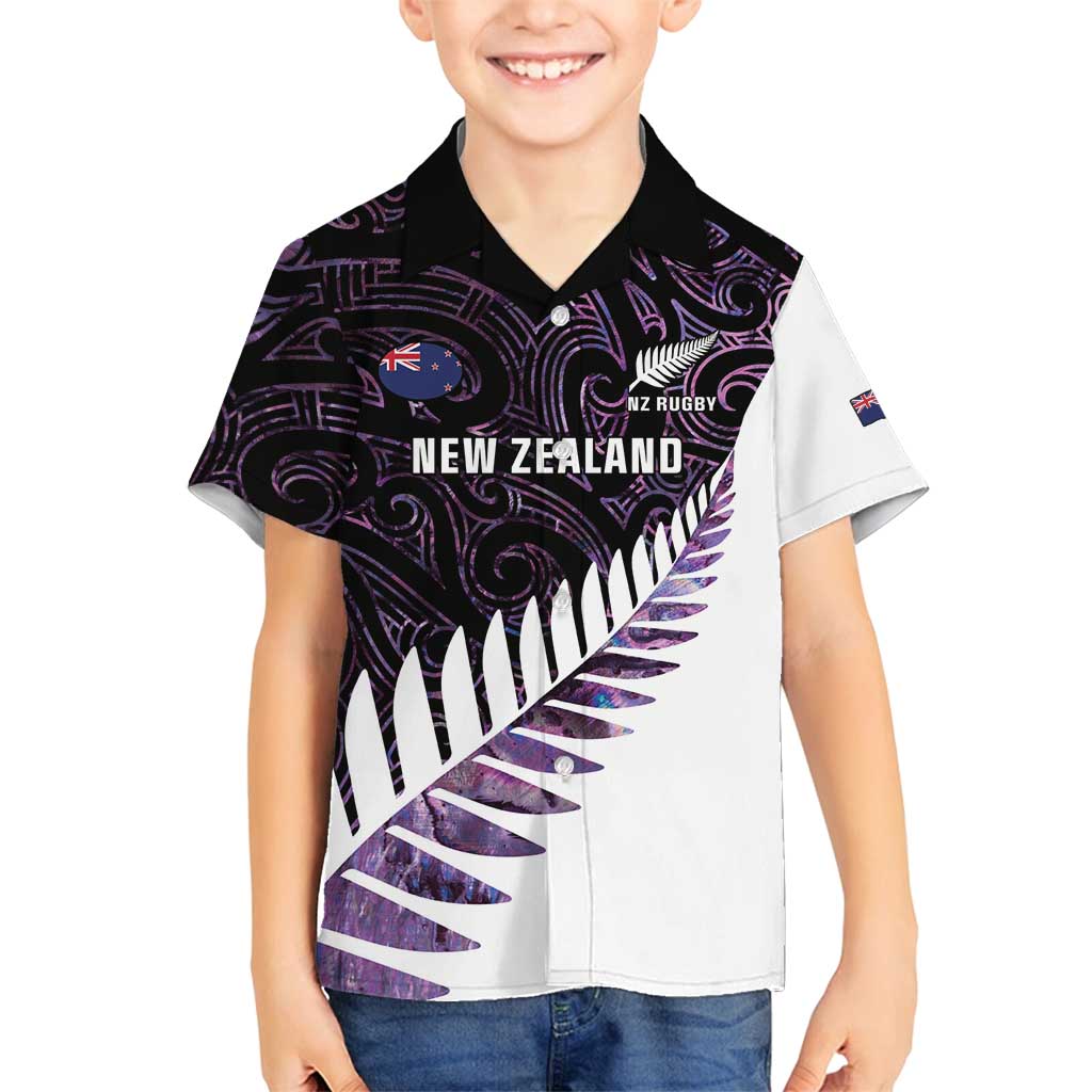 New Zealand Silver Fern Rugby Custom Family Matching Off Shoulder Short Dress and Hawaiian Shirt Go All Black Purple Maori Paua Shell - Polynesian Pride