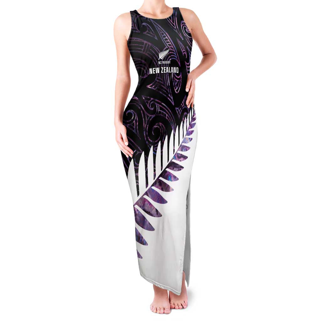 New Zealand Silver Fern Rugby Custom Family Matching Tank Maxi Dress and Hawaiian Shirt Go All Black Purple Maori Paua Shell - Polynesian Pride