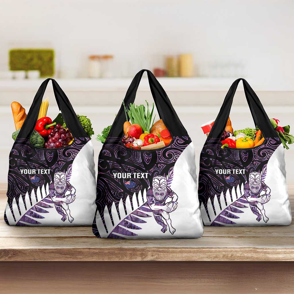 New Zealand Silver Fern Rugby Custom Grocery Bag Go All Black Purple Maori Paua Shell - Polynesian Pride
