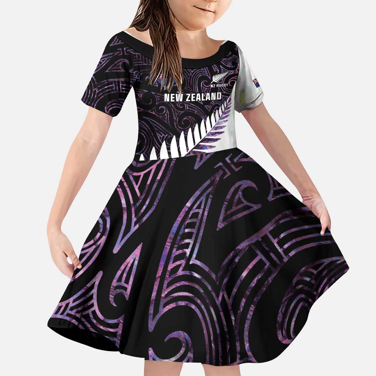 New Zealand Silver Fern Rugby Custom Kid Short Sleeve Dress Go All Black Purple Maori Paua Shell - Polynesian Pride