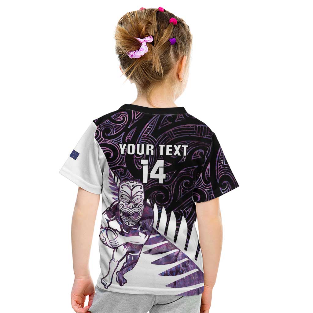 New Zealand Silver Fern Rugby Custom Kid T Shirt Go All Black Purple Maori Paua Shell - Polynesian Pride
