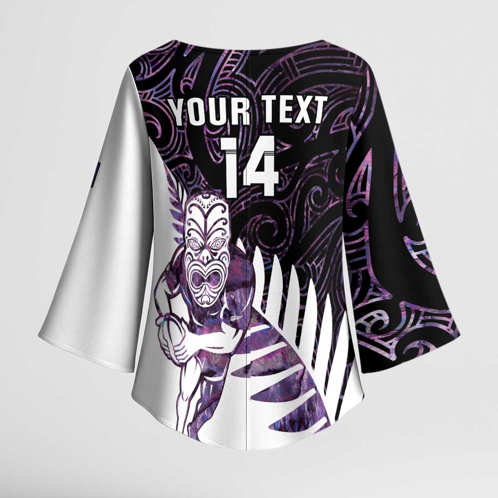 New Zealand Silver Fern Rugby Custom Kimono Sleeve Blouse Go All Black Purple Maori Paua Shell - Polynesian Pride