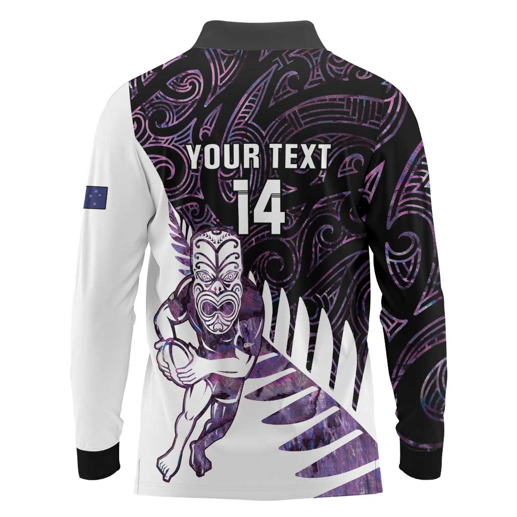 New Zealand Silver Fern Rugby Custom Long Sleeve Polo Shirt Go All Black Purple Maori Paua Shell - Polynesian Pride