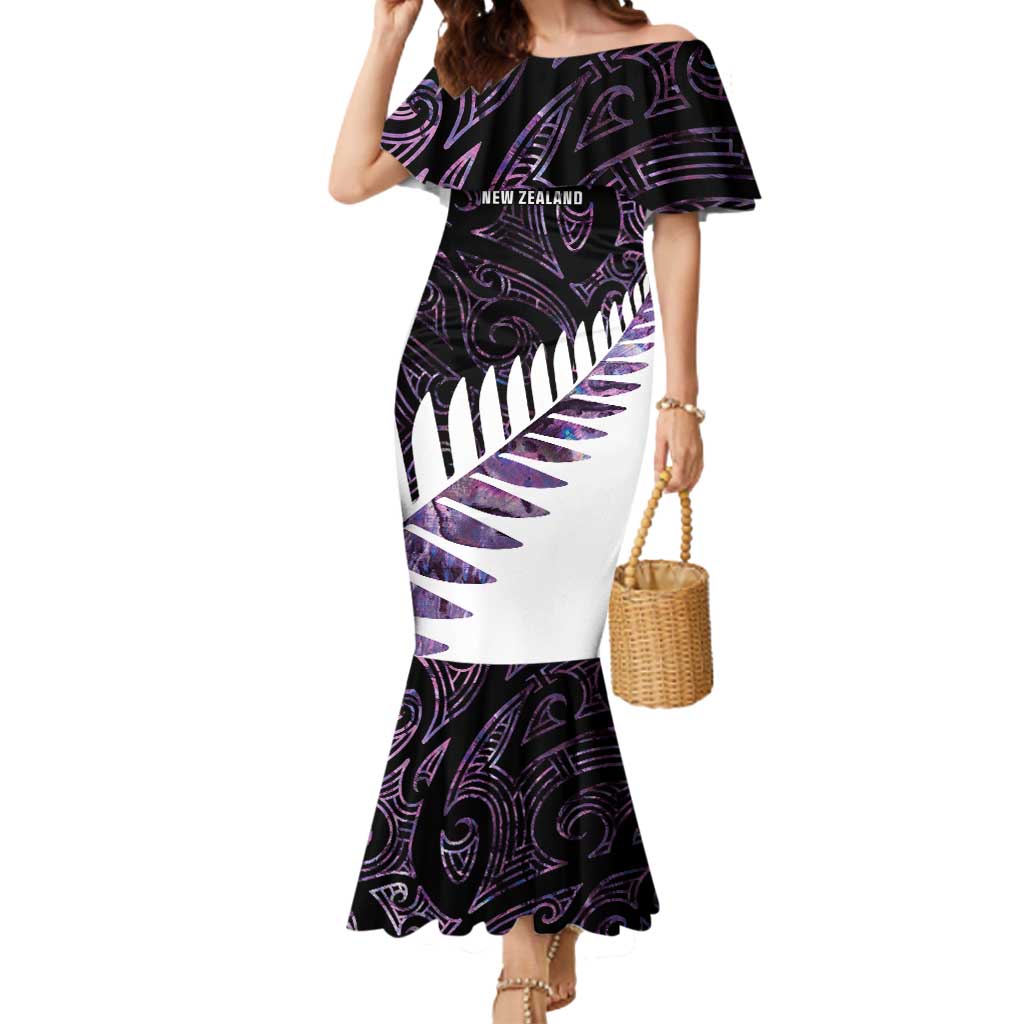 New Zealand Silver Fern Rugby Custom Mermaid Dress Go All Black Purple Maori Paua Shell - Polynesian Pride